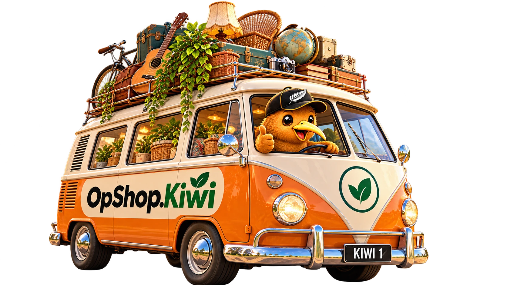 KIMI in a vintage orange and cream Kombi full of secondhand treasures